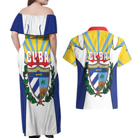 Cuba Coat of Arms Couples Matching Off Shoulder Maxi Dress and Hawaiian Shirt Colorful Cuban Flag Shield with Red Yellow Blue Patriotic Design - Wonder Print Shop