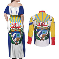 Cuba Coat of Arms Couples Matching Off Shoulder Maxi Dress and Long Sleeve Button Shirt Colorful Cuban Flag Shield with Red Yellow Blue Patriotic Design - Wonder Print Shop