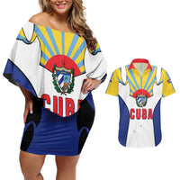 Cuba Coat of Arms Couples Matching Off Shoulder Short Dress and Hawaiian Shirt Colorful Cuban Flag Shield with Red Yellow Blue Patriotic Design - Wonder Print Shop