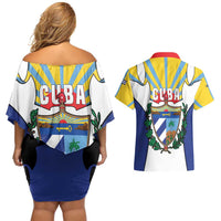 Cuba Coat of Arms Couples Matching Off Shoulder Short Dress and Hawaiian Shirt Colorful Cuban Flag Shield with Red Yellow Blue Patriotic Design - Wonder Print Shop