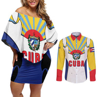 Cuba Coat of Arms Couples Matching Off Shoulder Short Dress and Long Sleeve Button Shirt Colorful Cuban Flag Shield with Red Yellow Blue Patriotic Design - Wonder Print Shop