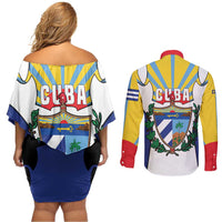 Cuba Coat of Arms Couples Matching Off Shoulder Short Dress and Long Sleeve Button Shirt Colorful Cuban Flag Shield with Red Yellow Blue Patriotic Design - Wonder Print Shop
