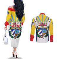 Cuba Coat of Arms Couples Matching Off The Shoulder Long Sleeve Dress and Long Sleeve Button Shirt Colorful Cuban Flag Shield with Red Yellow Blue Patriotic Design - Wonder Print Shop