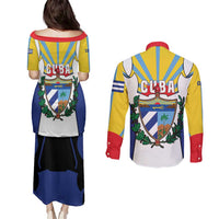 Cuba Coat of Arms Couples Matching Puletasi and Long Sleeve Button Shirt Colorful Cuban Flag Shield with Red Yellow Blue Patriotic Design - Wonder Print Shop