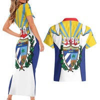 Cuba Coat of Arms Couples Matching Short Sleeve Bodycon Dress and Hawaiian Shirt Colorful Cuban Flag Shield with Red Yellow Blue Patriotic Design - Wonder Print Shop