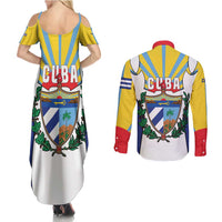 Cuba Coat of Arms Couples Matching Summer Maxi Dress and Long Sleeve Button Shirt Colorful Cuban Flag Shield with Red Yellow Blue Patriotic Design - Wonder Print Shop