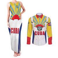 Cuba Coat of Arms Couples Matching Tank Maxi Dress and Long Sleeve Button Shirt Colorful Cuban Flag Shield with Red Yellow Blue Patriotic Design - Wonder Print Shop