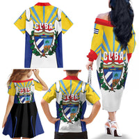 Cuba Coat of Arms Family Matching Off The Shoulder Long Sleeve Dress and Hawaiian Shirt Colorful Cuban Flag Shield with Red Yellow Blue Patriotic Design - Wonder Print Shop