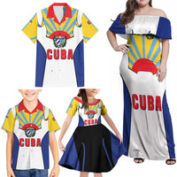 Cuba Coat of Arms Family Matching Off Shoulder Maxi Dress and Hawaiian Shirt Colorful Cuban Flag Shield with Red Yellow Blue Patriotic Design - Wonder Print Shop