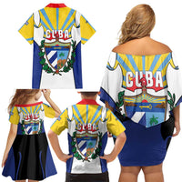 Cuba Coat of Arms Family Matching Off Shoulder Short Dress and Hawaiian Shirt Colorful Cuban Flag Shield with Red Yellow Blue Patriotic Design - Wonder Print Shop