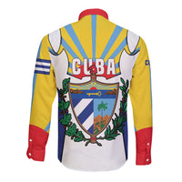Cuba Coat of Arms Long Sleeve Button Shirt Colorful Cuban Flag Shield with Red Yellow Blue Patriotic Design - Wonder Print Shop