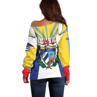 Cuba Coat of Arms Off Shoulder Sweater Colorful Cuban Flag Shield with Red Yellow Blue Patriotic Design - Wonder Print Shop
