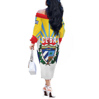 Cuba Coat of Arms Off The Shoulder Long Sleeve Dress Colorful Cuban Flag Shield with Red Yellow Blue Patriotic Design - Wonder Print Shop