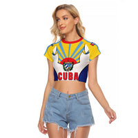 Cuba Coat of Arms Raglan Cropped T Shirt Colorful Cuban Flag Shield with Red Yellow Blue Patriotic Design - Wonder Print Shop