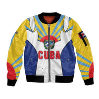 Cuba Coat of Arms Sleeve Zip Bomber Jacket Colorful Cuban Flag Shield with Red Yellow Blue Patriotic Design - Wonder Print Shop