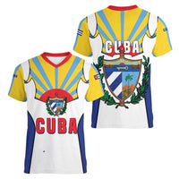 Cuba Coat of Arms Women V-Neck T-Shirt Colorful Cuban Flag Shield with Red Yellow Blue Patriotic Design - Wonder Print Shop