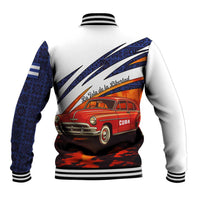Cuba Classic Car Baseball Jacket La Isla de la Libertad Red Vintage Auto with Cuban Flag Design - Wonder Print Shop