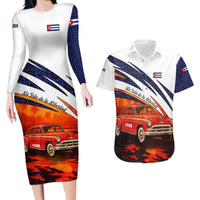 Cuba Classic Car Couples Matching Long Sleeve Bodycon Dress and Hawaiian Shirt La Isla de la Libertad Red Vintage Auto with Cuban Flag Design - Wonder Print Shop