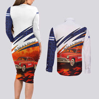 Cuba Classic Car Couples Matching Long Sleeve Bodycon Dress and Long Sleeve Button Shirt La Isla de la Libertad Red Vintage Auto with Cuban Flag Design - Wonder Print Shop
