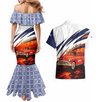 Cuba Classic Car Couples Matching Mermaid Dress and Hawaiian Shirt La Isla de la Libertad Red Vintage Auto with Cuban Flag Design - Wonder Print Shop