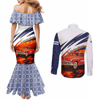 Cuba Classic Car Couples Matching Mermaid Dress and Long Sleeve Button Shirt La Isla de la Libertad Red Vintage Auto with Cuban Flag Design - Wonder Print Shop