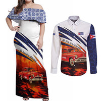 Cuba Classic Car Couples Matching Off Shoulder Maxi Dress and Long Sleeve Button Shirt La Isla de la Libertad Red Vintage Auto with Cuban Flag Design - Wonder Print Shop