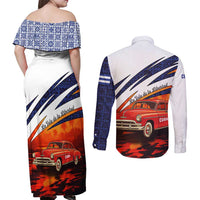 Cuba Classic Car Couples Matching Off Shoulder Maxi Dress and Long Sleeve Button Shirt La Isla de la Libertad Red Vintage Auto with Cuban Flag Design - Wonder Print Shop