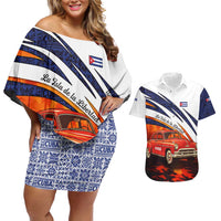 Cuba Classic Car Couples Matching Off Shoulder Short Dress and Hawaiian Shirt La Isla de la Libertad Red Vintage Auto with Cuban Flag Design - Wonder Print Shop