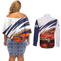 Cuba Classic Car Couples Matching Off Shoulder Short Dress and Long Sleeve Button Shirt La Isla de la Libertad Red Vintage Auto with Cuban Flag Design - Wonder Print Shop