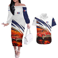 Cuba Classic Car Couples Matching Off The Shoulder Long Sleeve Dress and Hawaiian Shirt La Isla de la Libertad Red Vintage Auto with Cuban Flag Design - Wonder Print Shop