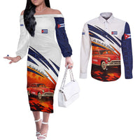 Cuba Classic Car Couples Matching Off The Shoulder Long Sleeve Dress and Long Sleeve Button Shirt La Isla de la Libertad Red Vintage Auto with Cuban Flag Design - Wonder Print Shop