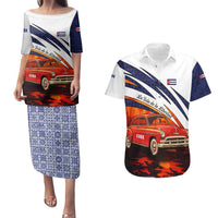 Cuba Classic Car Couples Matching Puletasi and Hawaiian Shirt La Isla de la Libertad Red Vintage Auto with Cuban Flag Design - Wonder Print Shop