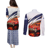 Cuba Classic Car Couples Matching Puletasi and Long Sleeve Button Shirt La Isla de la Libertad Red Vintage Auto with Cuban Flag Design - Wonder Print Shop