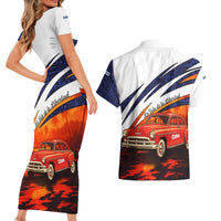 Cuba Classic Car Couples Matching Short Sleeve Bodycon Dress and Hawaiian Shirt La Isla de la Libertad Red Vintage Auto with Cuban Flag Design - Wonder Print Shop