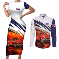Cuba Classic Car Couples Matching Short Sleeve Bodycon Dress and Long Sleeve Button Shirt La Isla de la Libertad Red Vintage Auto with Cuban Flag Design - Wonder Print Shop