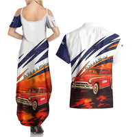 Cuba Classic Car Couples Matching Summer Maxi Dress and Hawaiian Shirt La Isla de la Libertad Red Vintage Auto with Cuban Flag Design - Wonder Print Shop