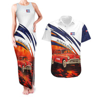 Cuba Classic Car Couples Matching Tank Maxi Dress and Hawaiian Shirt La Isla de la Libertad Red Vintage Auto with Cuban Flag Design - Wonder Print Shop