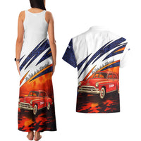 Cuba Classic Car Couples Matching Tank Maxi Dress and Hawaiian Shirt La Isla de la Libertad Red Vintage Auto with Cuban Flag Design - Wonder Print Shop