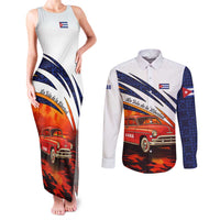 Cuba Classic Car Couples Matching Tank Maxi Dress and Long Sleeve Button Shirt La Isla de la Libertad Red Vintage Auto with Cuban Flag Design - Wonder Print Shop