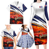 Cuba Classic Car Family Matching Long Sleeve Bodycon Dress and Hawaiian Shirt La Isla de la Libertad Red Vintage Auto with Cuban Flag Design - Wonder Print Shop