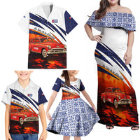 Cuba Classic Car Family Matching Off Shoulder Maxi Dress and Hawaiian Shirt La Isla de la Libertad Red Vintage Auto with Cuban Flag Design - Wonder Print Shop