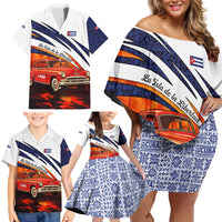 Cuba Classic Car Family Matching Off Shoulder Short Dress and Hawaiian Shirt La Isla de la Libertad Red Vintage Auto with Cuban Flag Design - Wonder Print Shop