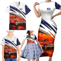 Cuba Classic Car Family Matching Short Sleeve Bodycon Dress and Hawaiian Shirt La Isla de la Libertad Red Vintage Auto with Cuban Flag Design - Wonder Print Shop