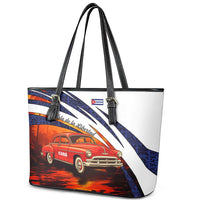 Cuba Classic Car Leather Tote Bag La Isla de la Libertad Red Vintage Auto with Cuban Flag Design - Wonder Print Shop