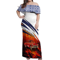 Cuba Classic Car Off Shoulder Maxi Dress La Isla de la Libertad Red Vintage Auto with Cuban Flag Design - Wonder Print Shop