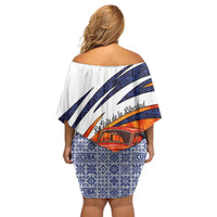 Cuba Classic Car Off Shoulder Short Dress La Isla de la Libertad Red Vintage Auto with Cuban Flag Design - Wonder Print Shop