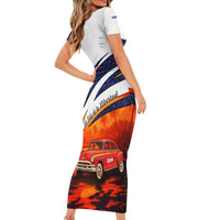 Cuba Classic Car Short Sleeve Bodycon Dress La Isla de la Libertad Red Vintage Auto with Cuban Flag Design - Wonder Print Shop