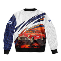 Cuba Classic Car Sleeve Zip Bomber Jacket La Isla de la Libertad Red Vintage Auto with Cuban Flag Design - Wonder Print Shop