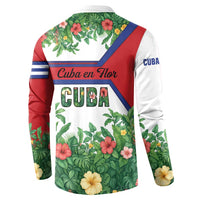 Cuba Floral Button Sweatshirt Tropical Flower Design with Cuban Flag and Cuba en Flor Script - Wonder Print Shop
