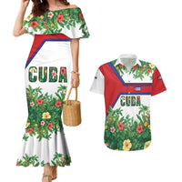 Cuba Floral Couples Matching Mermaid Dress and Hawaiian Shirt Tropical Flower Design with Cuban Flag and Cuba en Flor Script - Wonder Print Shop